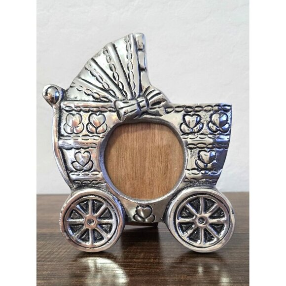 Baby Carriage Pewter Picture Frame Holland Boone With Wooden Back & Easel Stand - Picture 1 of 10